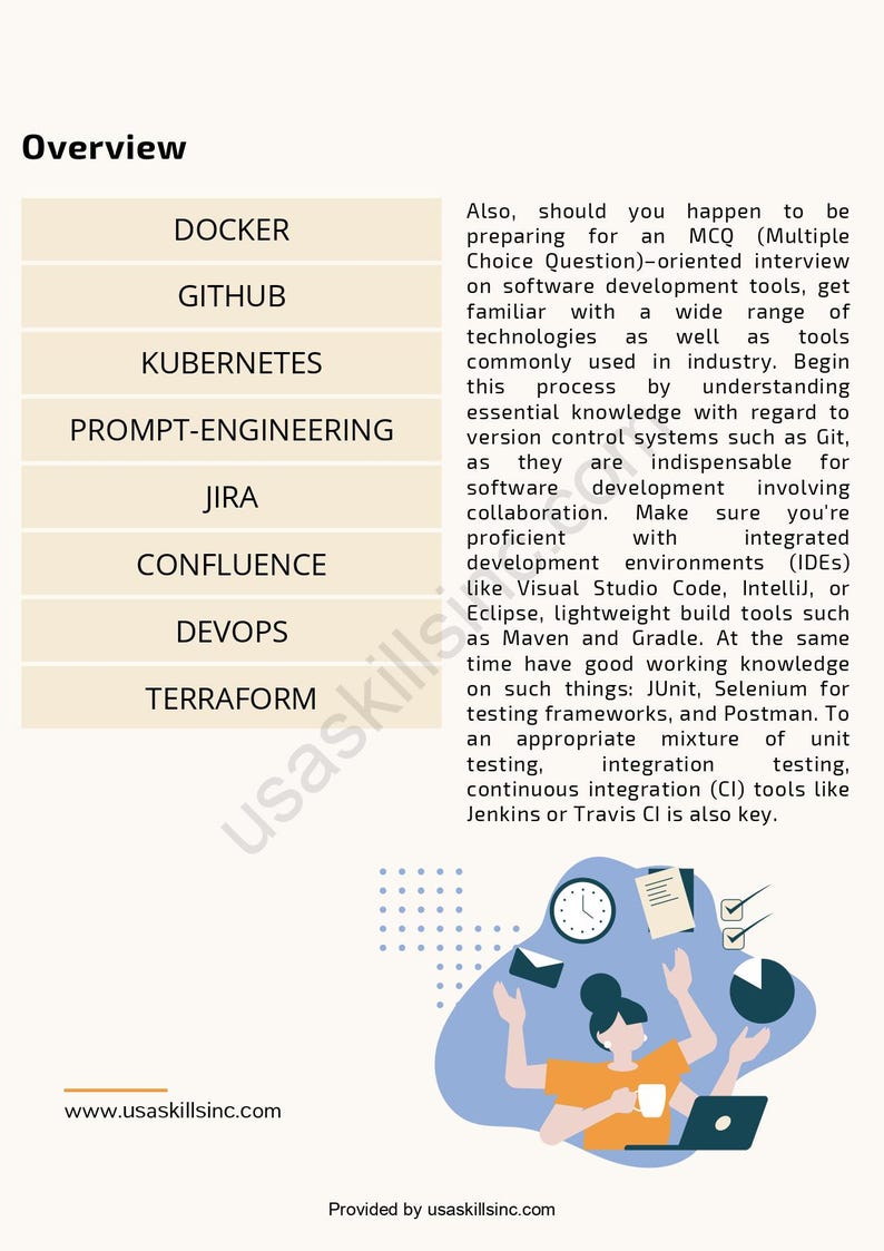 Op de afbeelding: Een infographic met de titel "Overzicht" toont software-ontwikkelingstools zoals Docker, Github, Kubernetes en Terraform. De afbeelding bevat ook een cartoonillustratie van een persoon met meerdere armen die op een laptop werkt.