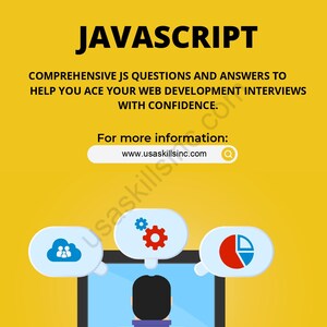May include: A yellow graphic with the word "JAVASCRIPT" in large black letters. Below, text reads "COMPREHENSIVE JS QUESTIONS AND ANSWERS TO HELP YOU ACE YOUR WEB DEVELOPMENT INTERVIEWS WITH CONFIDENCE." A computer screen is in the center.