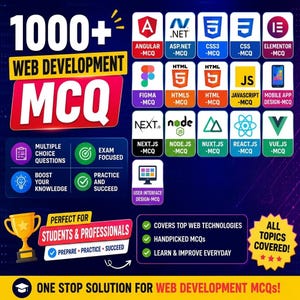 May include: A graphic promoting web development MCQs, featuring the text "1000+ WEB DEVELOPMENT MCQ." It includes logos for various web technologies like Angular, HTML, JavaScript, and React. The image also highlights key features such as multiple-choice questions and exam focus.