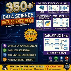May include: A graphic promoting data science MCQs, featuring the text "350+ DATA SCIENCE MCQS" and various hubs for AI, ML, and data analysis. It highlights key concepts, skills, and exam preparation, with icons and a blue and gold color scheme.