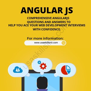 May include: A yellow graphic with the text "ANGULAR JS" and information about Angular JS interview questions. The image includes a person sitting at a desk looking at a computer screen with icons above it. The website address is www.usaskillsinc.com.
