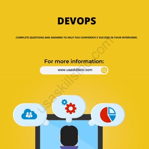 Op de afbeelding: Een gele afbeelding met het woord "DEVOPS" in het zwart. Daaronder de zin "COMPLETE QUESTIONS AND ANSWERS TO HELP YOU CONFIDENTLY SUCCEED IN YOUR INTERVIEWS." De afbeelding bevat ook een computerscherm en tekstballonnen met iconen.