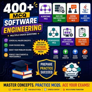 May include: A vibrant graphic promoting software engineering MCQs. The image features the text "400+ MCQ SOFTWARE ENGINEERING" with icons representing algorithms, web development, coding interviews, and Java algorithms. It also includes a graduation cap and books.