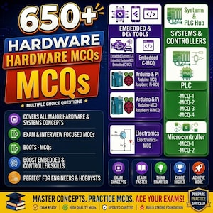 May include: A graphic with the text "650+ HARDWARE MCQS" in red and blue. The image promotes exam preparation for engineers and hobbyists, covering hardware and systems concepts. It includes sections on embedded systems, Arduino, and electronics.