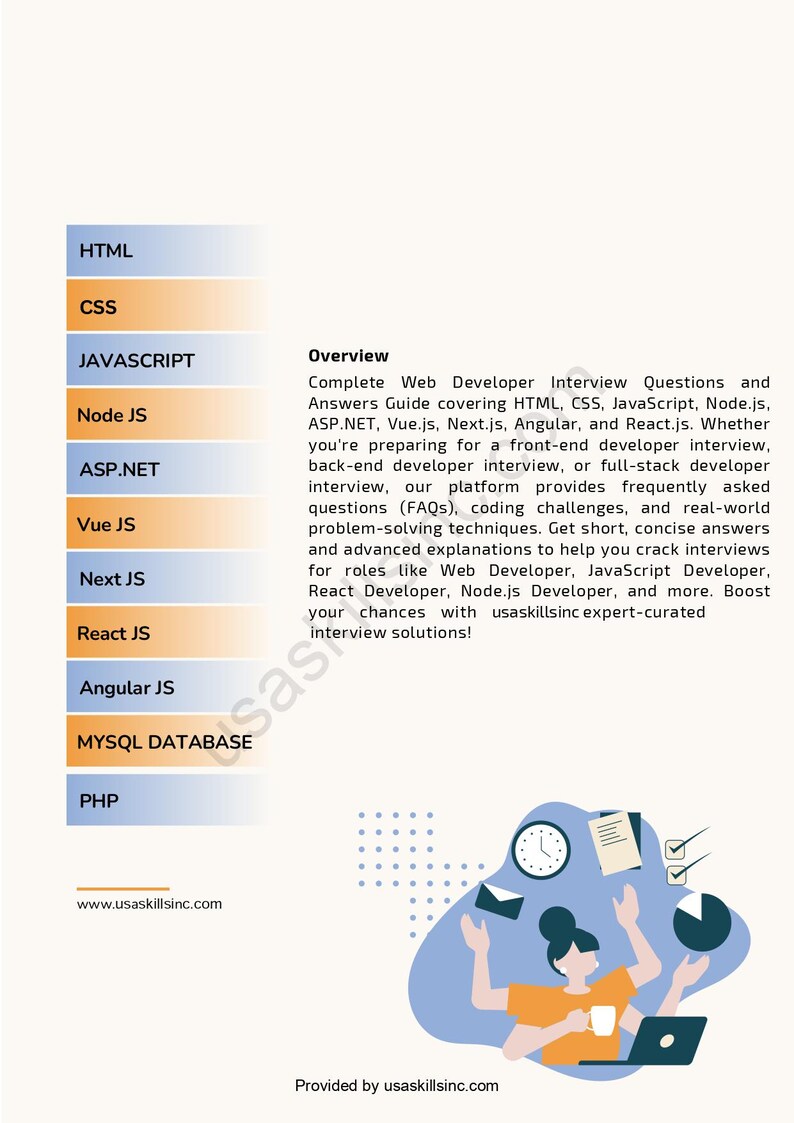 May include: A promotional graphic for web developer interview preparation. The image features a list of programming languages like HTML, CSS, and JavaScript, along with an overview of the interview guide. The website www.usaskillsinc.com is also displayed.