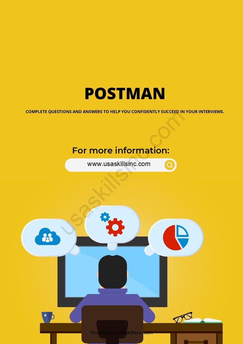 May include: A graphic with the word "POSTMAN" at the top. The image shows a person at a desk with a computer, and speech bubbles with icons. The website address www.usaskillsinc.com is also displayed.
