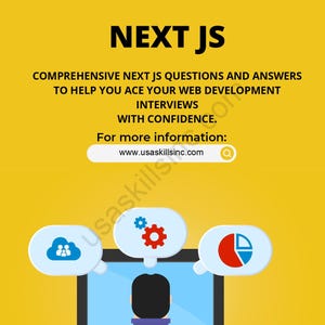May include: A yellow graphic with the text "NEXT JS" and the phrase "COMPREHENSIVE NEXT JS QUESTIONS AND ANSWERS TO HELP YOU ACE YOUR WEB DEVELOPMENT INTERVIEWS WITH CONFIDENCE." The image includes a computer screen and icons.