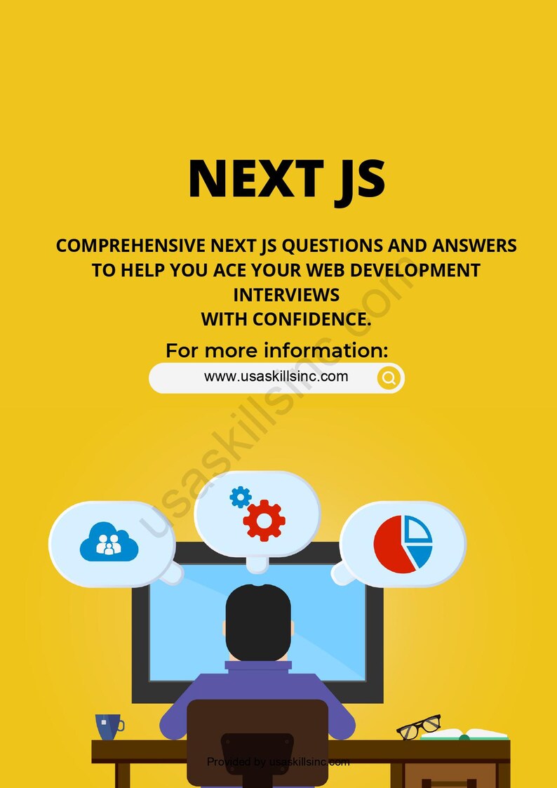 May include: A yellow graphic with the text "NEXT JS" and the phrase "COMPREHENSIVE NEXT JS QUESTIONS AND ANSWERS TO HELP YOU ACE YOUR WEB DEVELOPMENT INTERVIEWS WITH CONFIDENCE." The image includes a computer screen and icons.