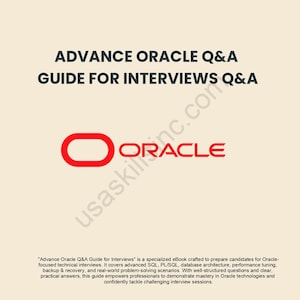 May include: A cream-colored ebook cover with the title "ADVANCE ORACLE Q&A GUIDE FOR INTERVIEWS Q&A" in dark blue. The Oracle logo is red. The text "usaskillsinc.com" is watermarked across the image.