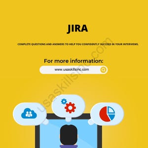 Op de afbeelding: Illustratie met het woord "JIRA" in vette letters. De afbeelding bevat een computerscherm met denkzeepbellen met pictogrammen, een persoon die aan een bureau zit en de tekst "COMPLETE QUESTIONS AND ANSWERS TO HELP YOU CONFIDENTLY SUCCEED IN YOUR INTERVIEWS."