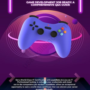 Op de afbeelding: Een paarse afbeelding met een blauwe gamecontroller en de tekst "GAME DEVELOPMENT JOB READY: A COMPREHENSIVE Q&A GUIDE." De achtergrond is een verloop van paars en roze.