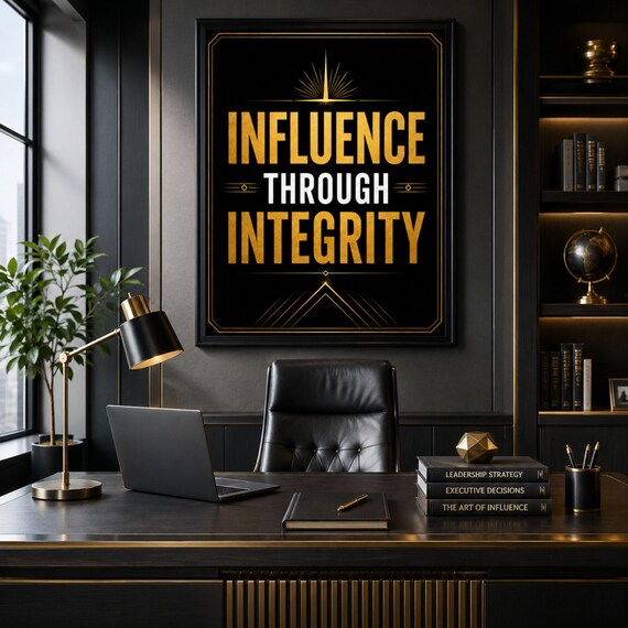 Influence Through Integrity Wall Art, Leadership Values Poster, Black Gold Executive Office Printable Decor