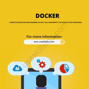 Op de afbeelding: Een gele afbeelding met het woord "DOCKER" in vette, zwarte letters. Hieronder staat de tekst "COMPLETE VRAGEN EN ANTWOORDEN OM U TE HELPEN VERTROUWD TE SLAGEN IN UW INTERVIEWS." Een computerscherm staat in het midden met denkballonnen.