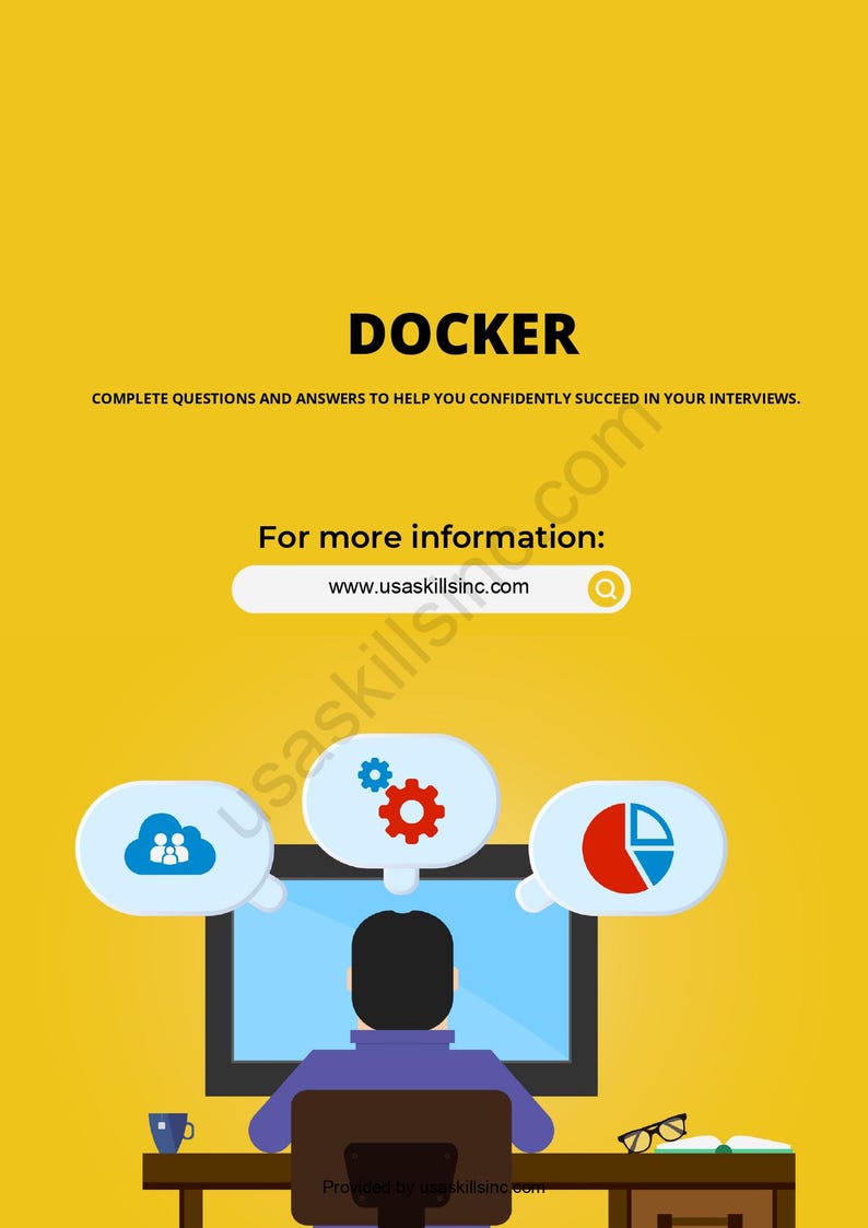 Op de afbeelding: Een gele afbeelding met het woord "DOCKER" in vette, zwarte letters. Hieronder staat de tekst "COMPLETE VRAGEN EN ANTWOORDEN OM U TE HELPEN VERTROUWD TE SLAGEN IN UW INTERVIEWS." Een computerscherm staat in het midden met denkballonnen.