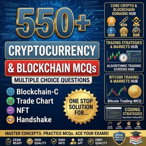 May include: A promotional graphic with the text "550+ Cryptocurrency & Blockchain MCQs" in blue and red. Additional text includes "Multiple Choice Questions," and various related topics like "Bitcoin Trading" and "Trading Strategies."