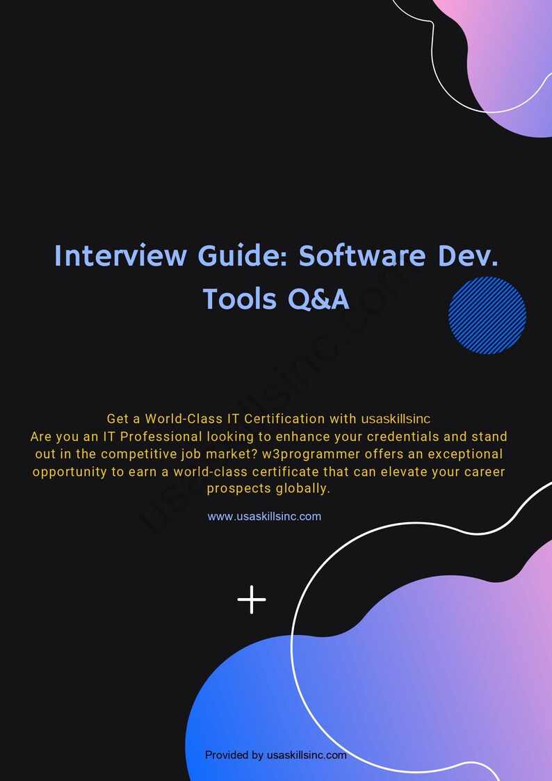 Op de afbeelding: Donkere achtergrond met een paarse en blauwe gradi&euml;nt, met de tekst "Interview Guide: Software Dev. Tools Q&A." Verdere tekst promoot IT-certificering en carri&egrave;re-ontwikkeling via usaskillsinc.com.
