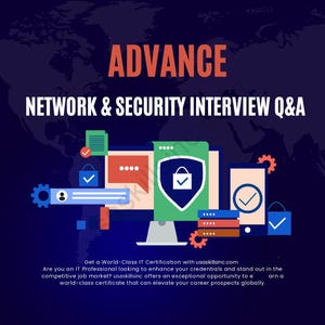 May include: A navy blue graphic with the words "ADVANCE NETWORK & SECURITY INTERVIEW Q&A" in white and orange. The image includes computer and mobile device icons with security symbols and the website usaskillsinc.com.