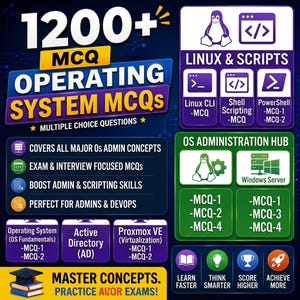 May include: A vibrant graphic advertising Operating System MCQs, displaying the text "1200+ MCQ Operating System MCQs." It includes sections on Linux & Scripts, OS Administration, and exam preparation. The image uses a dark blue background with various icons.