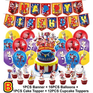 May include: A colorful birthday party decoration set featuring a banner that spells "HAPPY BIRTHDAY", balloons, a cake, and cupcake toppers. The cake is decorated with a circus theme. The set includes 1 banner, 16 balloons, 1 cake topper, and 12 cupcake toppers.