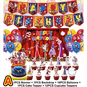 Könnte beinhalten: Ein farbenfrohes Geburtstagsdekorationsset. Enthält ein Banner mit der Aufschrift "HAPPY BIRTHDAY", Luftballons, einen Kuchen, Cupcake-Topper und eine Kulisse. Die Dekorationen zeigen Cartoon-Figuren in einem festlichen Design.