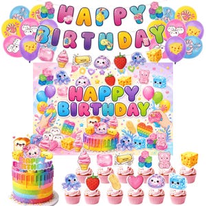Kawaii Squishy Birthday Decorations, Colorful Cute Food Party Banner and Balloon Set, Cake Topper, Cupcake Toppers, Optional Backdrop