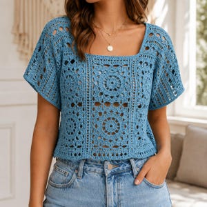 Crochet Top Pattern, Lace Granny Square Blouse PDF, Square Neck Summer Shirt for Women, Intermediate Crochet Tutorial