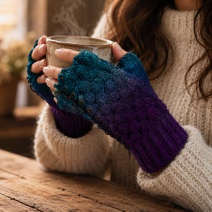 May include: Fingerless gloves featuring a textured crochet pattern that transitions from a deep teal at the top to a vibrant purple at the wrist. The gloves include a side lacing detail with small metal eyelets and a ribbed cuff at the base.