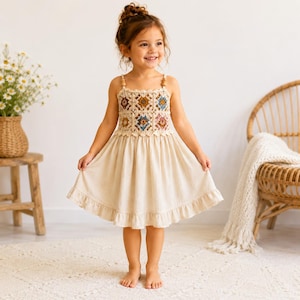 Crochet Granny Square Dress Pattern PDF, Boho Toddler, Girls Dress, Beaded Crochet Bodice & Fabric Skirt Tutorial