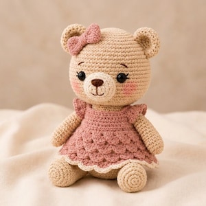 Crochet Teddy Bear Pattern PDF, Amigurumi Teddy Doll Pattern, Pink Dress Bear, Baby Nursery Crochet Toy, Girl Bear Plush DIY