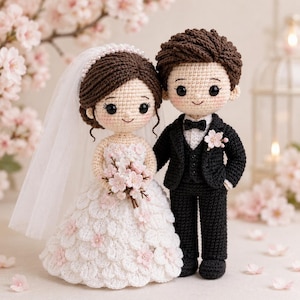 Mönster för virkad docka för bröllop i PDF-format, Amigurumi för brud och brudgum, handledning för bröllopspresenter med körsbärsblommor
