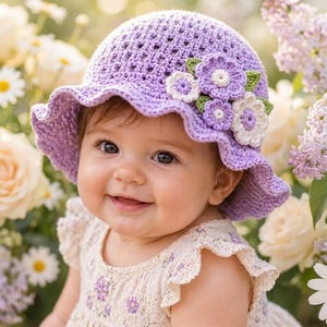 Baby Crochet Hat Pattern PDF, Crochet Sun Hat Pattern, Wavy Brim Baby Hat, Flower Crochet Bonnet, Lilac Summer Girl Hat