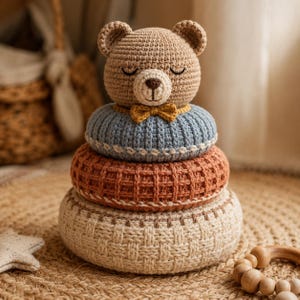 May include: A crochet stacking toy featuring a tan bear head with a small mustard yellow bow tie, resting on three circular rings. The rings are textured in light blue, burnt orange, and cream, each with a distinct woven or waffle-like pattern.