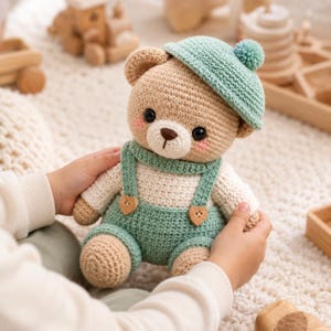 May include: A crocheted teddy bear toy featuring light brown yarn, a mint green beret with a small pom-pom, and matching mint green overalls with two heart-shaped wooden buttons. The bear has black safety eyes, a brown stitched nose, and pink cheeks.