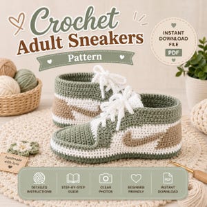 Peut inclure: Un modèle au crochet pour baskets adultes avec le texte Crochet Adult Sneakers Pattern et Instant Download File PDF. L'image montre une paire de baskets faites main en fil vert sauge, blanc et beige avec des lacets blancs.