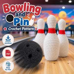Könnte beinhalten: Eine Häkelanleitung für ein Bowling-Set mit einer schwarzen Bowlingkugel und drei weißen Pins mit roten Streifen. Der Text lautet Bowling and Pin Crochet Pattern, Instant download, PDF und Step by step mit Symbolen.