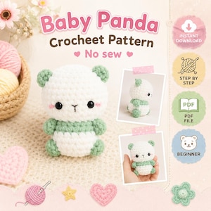 May include: A digital crochet pattern for a baby panda, featuring text that reads Baby Panda Crocheet Pattern No sew. The image displays a small, white and sage green crocheted panda plushie, along with two inset photos of the finished toy.