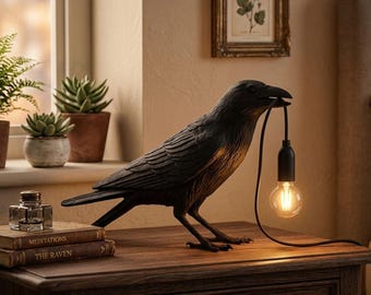 Zwarte raaf bureaulamp – hars kraai tafellamp – donkere vogel accentlamp voor slaapkamer bibliotheekdecor – uniek cadeau gotische stijl