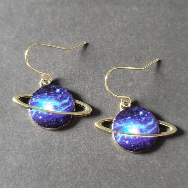 Planet Saturn Earrings, Galaxy Gold Saturn Earrings, Space Earrings