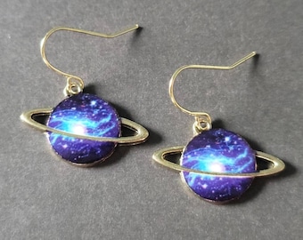 Planet Saturn Earrings, Galaxy Gold Saturn Earrings, Space Earrings