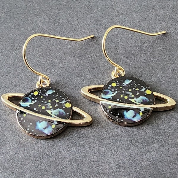 Planet Saturn Earrings, Planets and Stars Gold Saturn Earrings, Space Earrings