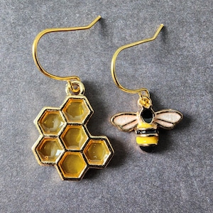Honey Bee Enamel Charm Asymmetrical Earrings, Honeycomb Earrings, Bee Earrings