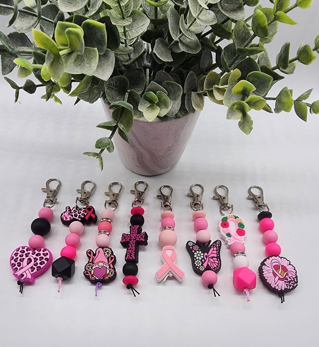 Pink Ribbon Breast Cancer Awareness Silicone Beaded Keychain - Etsy