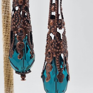 Peacock Blue Kristall Teardrop Antik Kupfer filigrane Vintage Style Ohrringe Bild 4