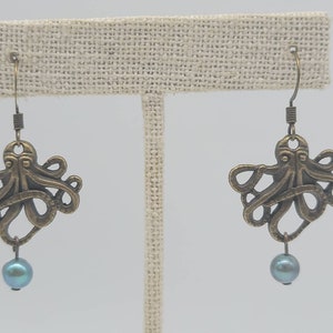 Bronze Octopus with Fresh Water Pearl Earrings, Kraken Earrings, Nickel Free Earrings