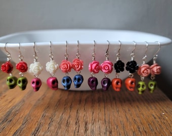 Skull and Flower Earrings, Day of the Dead, Halloween Jewelry
