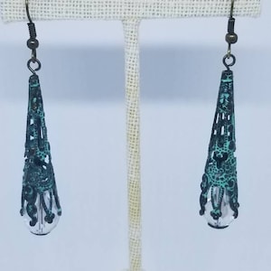 Crystal Patina Bronze Filigree Teardrop Earrings