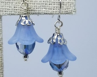 Light Blue Small Bell Flower Crystal Dangle Earrings, Nickel Free Earrings, Flower Earrings