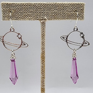 Planet Saturn Dangle Point Crystal Earrings, Saturn Charm Earrings, Space Earrings