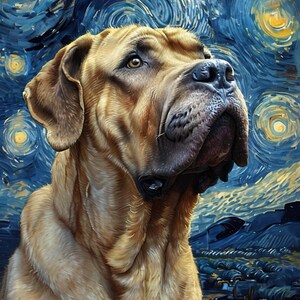 Puede incluir: Pintura digital de un perro grande, de color canela, con expresi&oacute;n contemplativa, sobre un cielo nocturno estrellado y arremolinado, que recuerda el estilo de Van Gogh. El pelaje del perro es detallado, y el fondo presenta un pueblo.