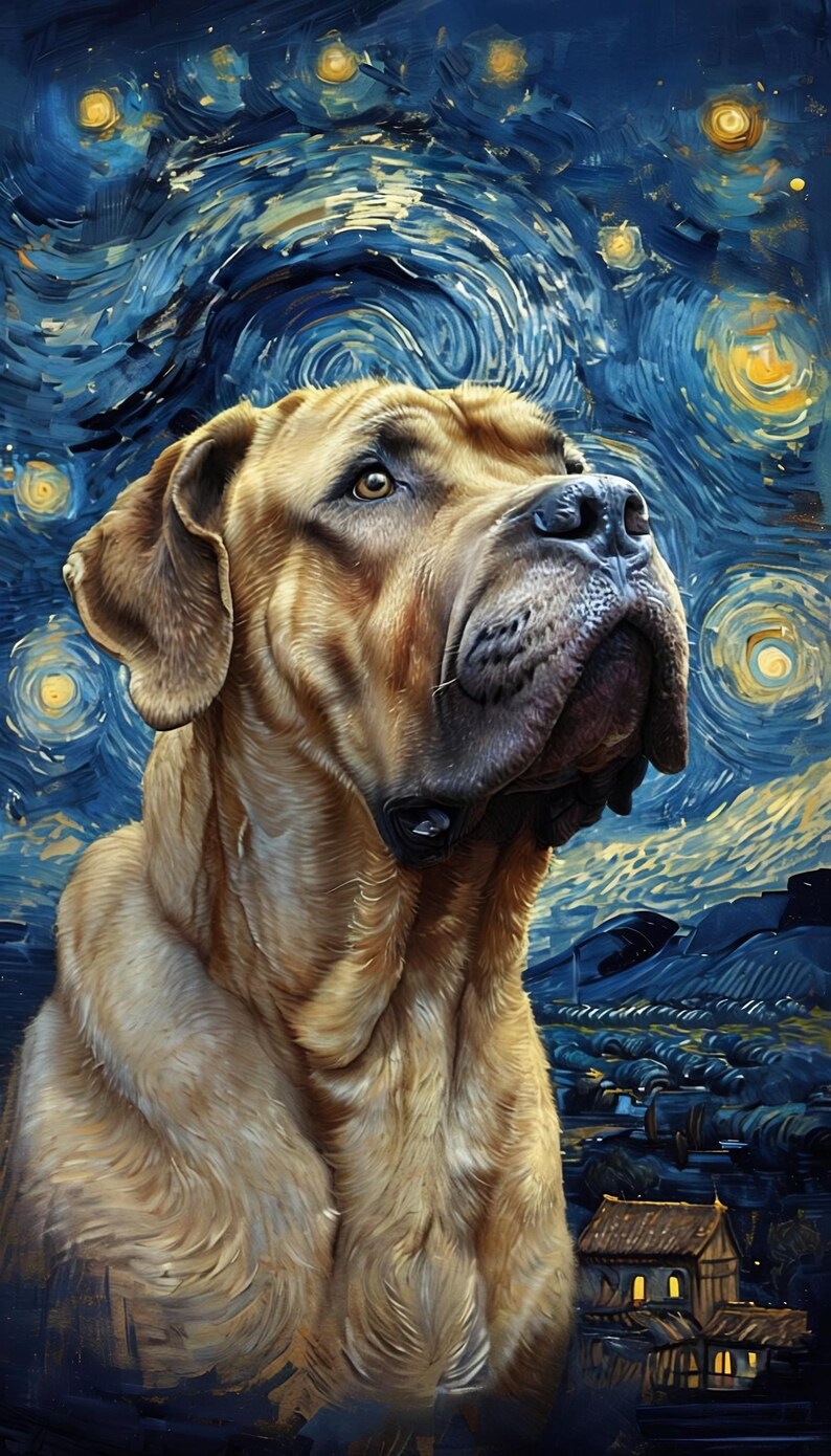 Puede incluir: Pintura digital de un perro grande, de color canela, con expresi&oacute;n contemplativa, sobre un cielo nocturno estrellado y arremolinado, que recuerda el estilo de Van Gogh. El pelaje del perro es detallado, y el fondo presenta un pueblo.
